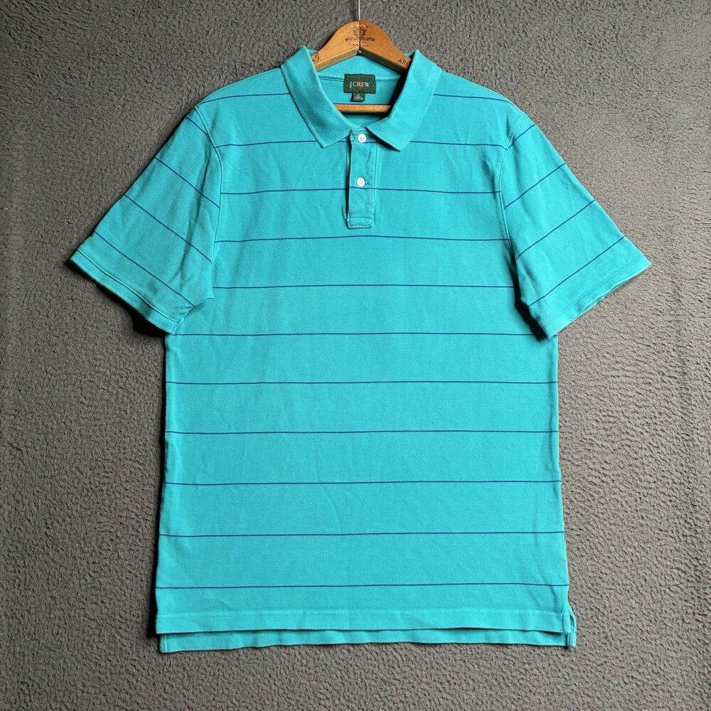J.Crew Polo Shirt Mens Large L Teal Blue Striped Slim Fit Cotton Oarsman
